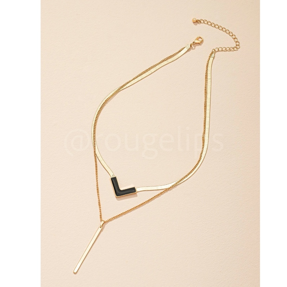 Layered Charm Gold Tone Chain Necklace Zinc Alloy Black V charm, Geometric - Picture 2 of 5